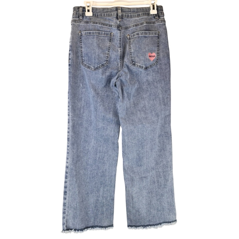 CHARLIE B Wide Leg Jeans Denim Whimsical Embroidered Icons Raw Hem Sz 8 - Picture 4 of 12